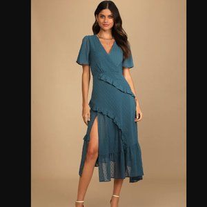 NWOT Lulus Next to You Slate Blue Swiss Dot Ruffled Midi Dress